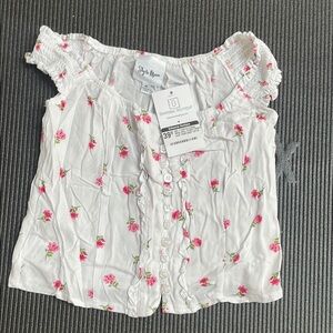 White and Pink Floral Blouse with Ruched Neckline